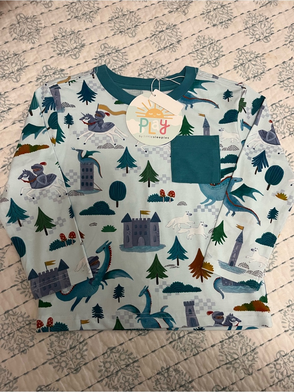 Little Sleepies Teal & Light Blue Dragon Castle Long Sleeve Pocket Tee